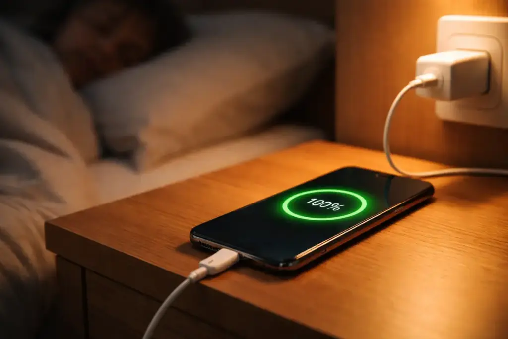 Smartphone carico accanto al letto